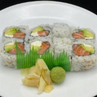 Philly Roll · Eight pieces. Salmon, avocado and cream cheese. Raw.