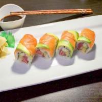 Hawaiian · Eight pieces. Spicy tuna roll with salmon and avocado on top. Raw.
