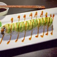Caterpillar · Eight pieces. Eel roll with sweet sauce and sliced avocado on top.