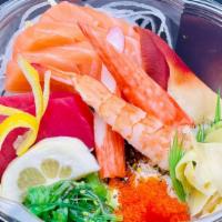 Sashimi Bowl · Mix Sashimi on top rice ( Chef choice ) come with miso soup.