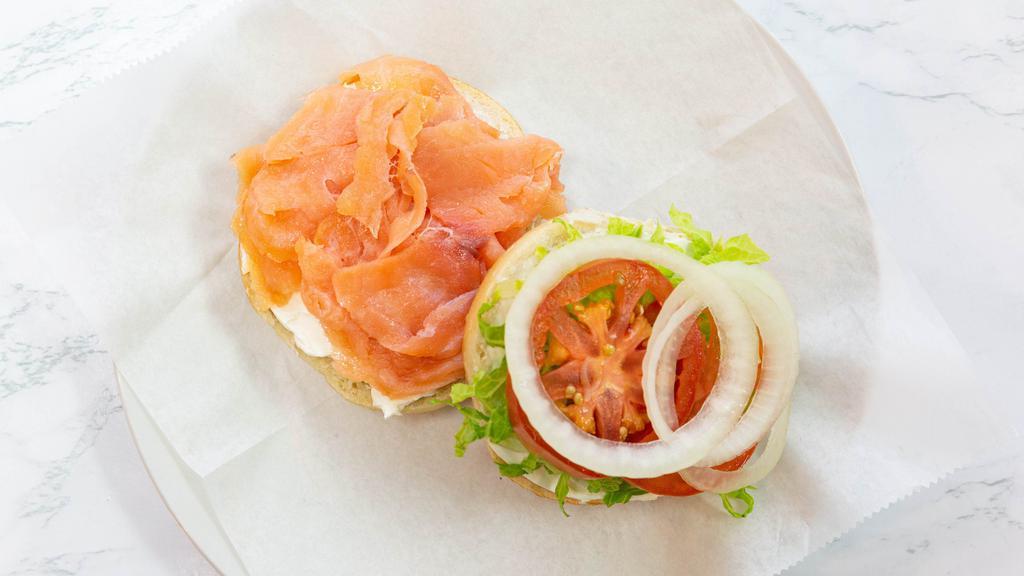 Lox Bagel Special · Smoked Salmon on a bagel with your choice of cream cheese, fried capers, and red onions