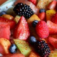 Fruit & Yogurt Plate · mixed seasonal fruit + berries with Greek yogurt and sprinkled with Tajin