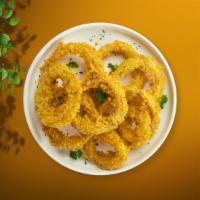 On And Onion Rings · (Vegetarian) Sliced onions dipped in a light batter and fried until crispy and golden brown.
