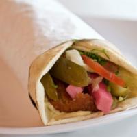 Chicken Kabob · Skewered chicken tenders marinated and char broiled. Served with hummus, lettuce, tomato and...