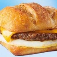 Vegan Breakfast Sandwich · Just Egg patty, Impossible breakfast patty and violife vegan cheddar on a ciabatta