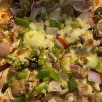 Pete'S Special Pizza · Pepperoni, sausage, green peppers, onions and mushrooms.