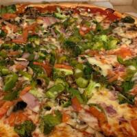 Vegetable Pizza · Spinach, mushrooms, onions, green peppers,  tomato and broccoli.
