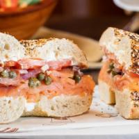Smoked Salmon Sandwich · Smoked salmon, cream cheese, red onion, capers, tomato, on toasted everything bagel.