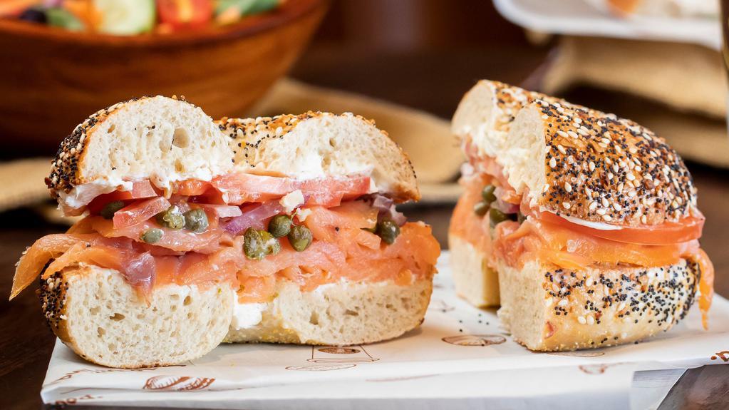 Smoked Salmon Sandwich · Smoked salmon, cream cheese, red onion, capers, tomato, on toasted everything bagel.