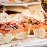 Doberman · Smoked salmon, cream cheese, onion, capers, tomato, toasted everything bagel.
