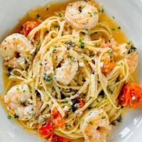 Shrimp Scampi · Sauteed shrimp and linguini tossed with blistered cherry tomatoes, in a garlic & white wine ...