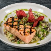 Salmon Risotto · Fresh grilled salmon over a creamy parmesan mushroom risotto with fresh corn, drizzled with ...