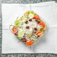 Greek Salad · House, Pita, Lettuce, Tomato es, Cucumber, Red Cabbage, Peppers,
Onions, Carrots and Feta Ch...