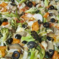 Veggie · w/Onions, Peppers, Mushrooms, Black Olives, Tomatoes, Broccoli and Spinach.
