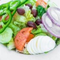 House Salad · Mixed greens, tomatoes, onions, black olives, eggs, croutons and green peppers.