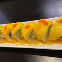 Golden Dragon Roll · Shrimp tempura, avocado inside, topped with mango, tobiko with mango sauce.
