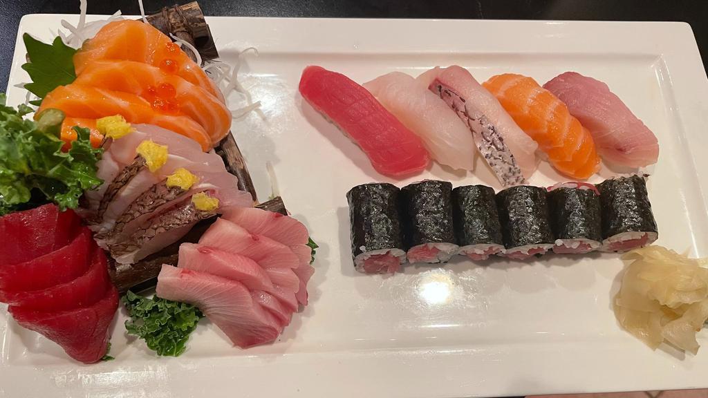 Sushi & Sashimi Combo · 5 pieces sushi, 16 pieces sashimi & 1 tuna roll.
