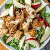 Baby Spinach & Goat Cheese Salad · Goat Cheese, Char-Broiled Chicken, Apples, Walnuts & Dried Cranberries