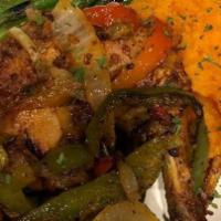 Creole Chicken · Pan seared Creole style chicken, sauteed onions, peppers, tomatoes, celery, Served with aspa...