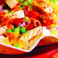 Chicken Fajita Rice Bowl · Grilled chicken, green peppers, red onions, mild salsa, brown rice, cheddar Jack cheese serv...
