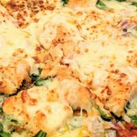 Salmon Grilled Flatbread · Grilled salmon, red onions, spinach, side sour cream and Mozzarella cheese over chipotle sau...