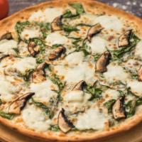 Fresca · Vegetarian meal. White pizza topped with fresh garlic, oregano, spinach, mushrooms, fresh mo...