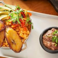 Arroz Con Pollo · Puerto Rican chicken & rice , red beans, avocado + fried sweet plantain  (gf, df)