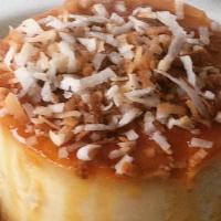 Flan De Coco · Flan with guava sauce + toasted coconut flakes