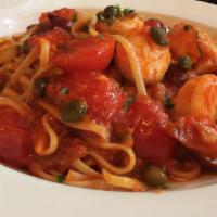 Shrimp Scallop Puttanesca · Linguine with Sautéed Shrimp, Sea Large Scallops, Garlic, Olives, Capers & Anchovies, tossed...
