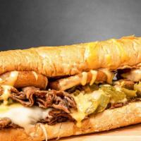 Green Pepper Cheesesteak · 100% ribeye steak on a fresh amoroso roll with green peppers and your choice of cheese.