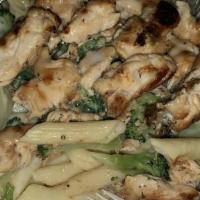 Ziti With Chicken & Broccoli Alfredo Dinner · Made with grilled chicken and broccoli tossed with our creamy alfredo sauce. Served with gar...