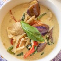 Green Curry * · Chinese eggplant , red bell pepper , string bean , bamboo shoot . Thai basil . Kafir lime le...