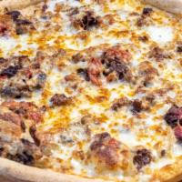 Steak Melt (Large) · Alfredo sauce, pizza cheese, steak, mushrooms, onions and roasted red peppers.
