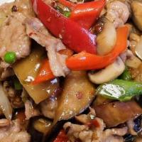Spicy Eggplant🌶 · With pork, green bean, mushroom, onion, pepper and house spices. Served with white rice. (**...