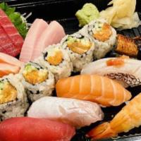 Sushi And Sashimi · Sashimi: 3 tuna, 2 salmon,2 white fish nigiri: 1 tuna, 1 salmon, 1 white fish, 1 shrimp, 1 e...