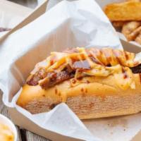 Stubby Chubby Platter · Beef & Pork sausage sandwich, hot pepper relish, provolone cheese mustard sauce, potato wedg...