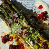 Grilled Asparagus · green garlic ranch, rose harissa, cured egg yolk