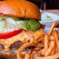 Townshend Burger · pimento cheese, caramelized onion, Lettuce, Tomato. Served w/ Rosemary Fries & A Pickle on a...