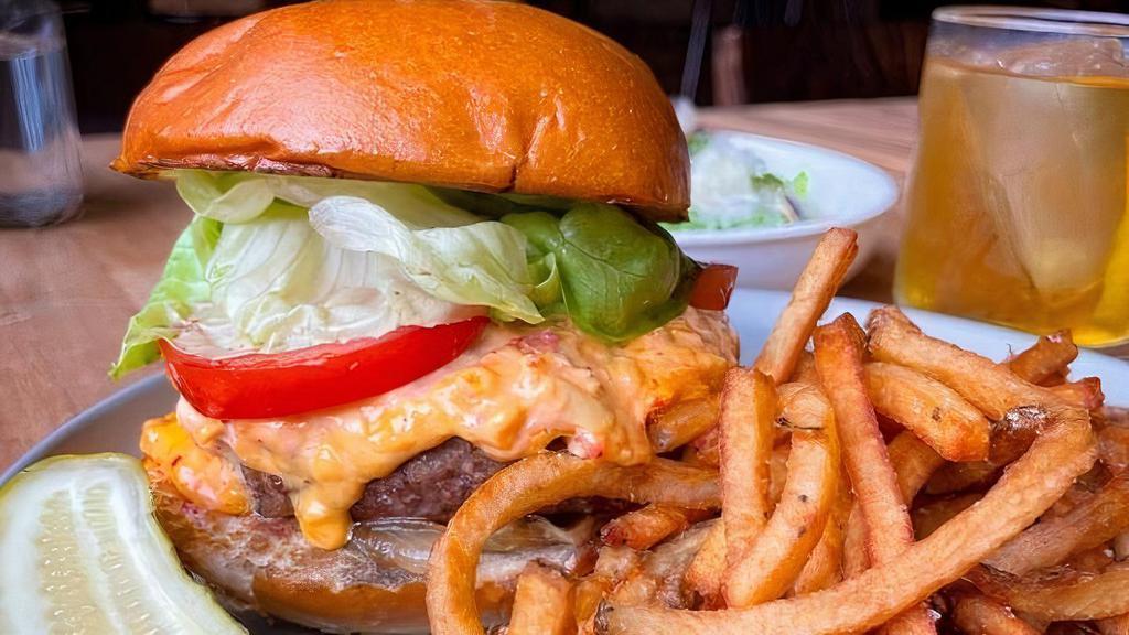 Townshend Burger · pimento cheese, caramelized onion, Lettuce, Tomato. Served w/ Rosemary Fries & A Pickle on a Brioche Bun