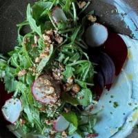 Roasted Beet Salad · red and yellow beets, whipped goat cheese, arugula, radish, candied walnuts, lemon thyme vin...