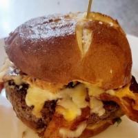 Barrel House Burger · half pound house blend burger, bacon, cheddar, arugula, crispy onions, pickles, balsamic red...