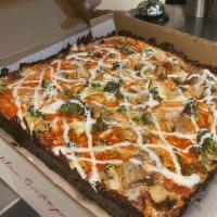 Nash Chicken & Broccoli Pizza · 10x10 deep dish square Detroit style pie with white garlic sauce, buttermilk ranch, mozzarel...