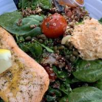 Mediterranean Salmon Bowl · Cilantro-lime quinoa, chilled herb grilled salmon, portobello mushroom, spinach, fresh kale,...