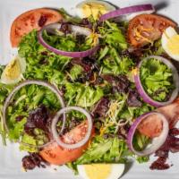 House Salad · Romaine lettuce topped with tomatoes, onions, and cucumbers. Served with your choice of chic...