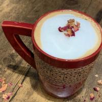 Rose Latte · Latte with Rose syrup and dried rose petals.