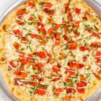 Chicken Bacon Ranch · White Pizza with Ranch, Chicken, Bacon, Diced Tomatoes and Scallions