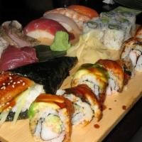 Sushi Dinner · 8pcs Assorted Sushi With California Roll Or Salmon Roll side miso soup and salad