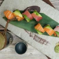 Rainbow Roll · California inside, tuna, salmon, white fish, and avocado on top.