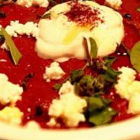 Roasted Beet Dip · piquin pepper, yogurt, honey, feta, goat cheese.  served with house brick oven pita topped w...