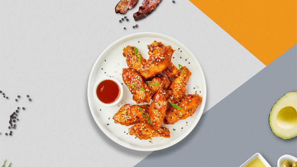 Sweetie And Soury Wings · Fresh chicken wings breaded, fried until golden brown, and tossed in sweet and sour sauce. Served with a side of ranch or bleu cheese.